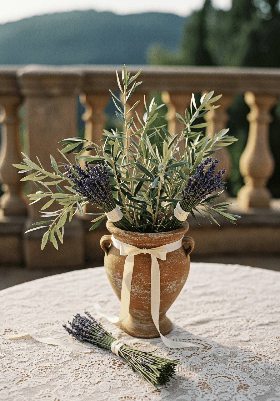 Wedding centrepiece with purple lavender bundles and olive branches tied with cream silk ribbon in aged terracotta vessel