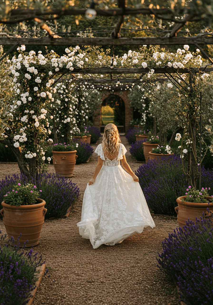 Aerial view of bohemian bride in lace wedding dress amongst Italian garden pathways lined with terracotta planters and climbing roses
