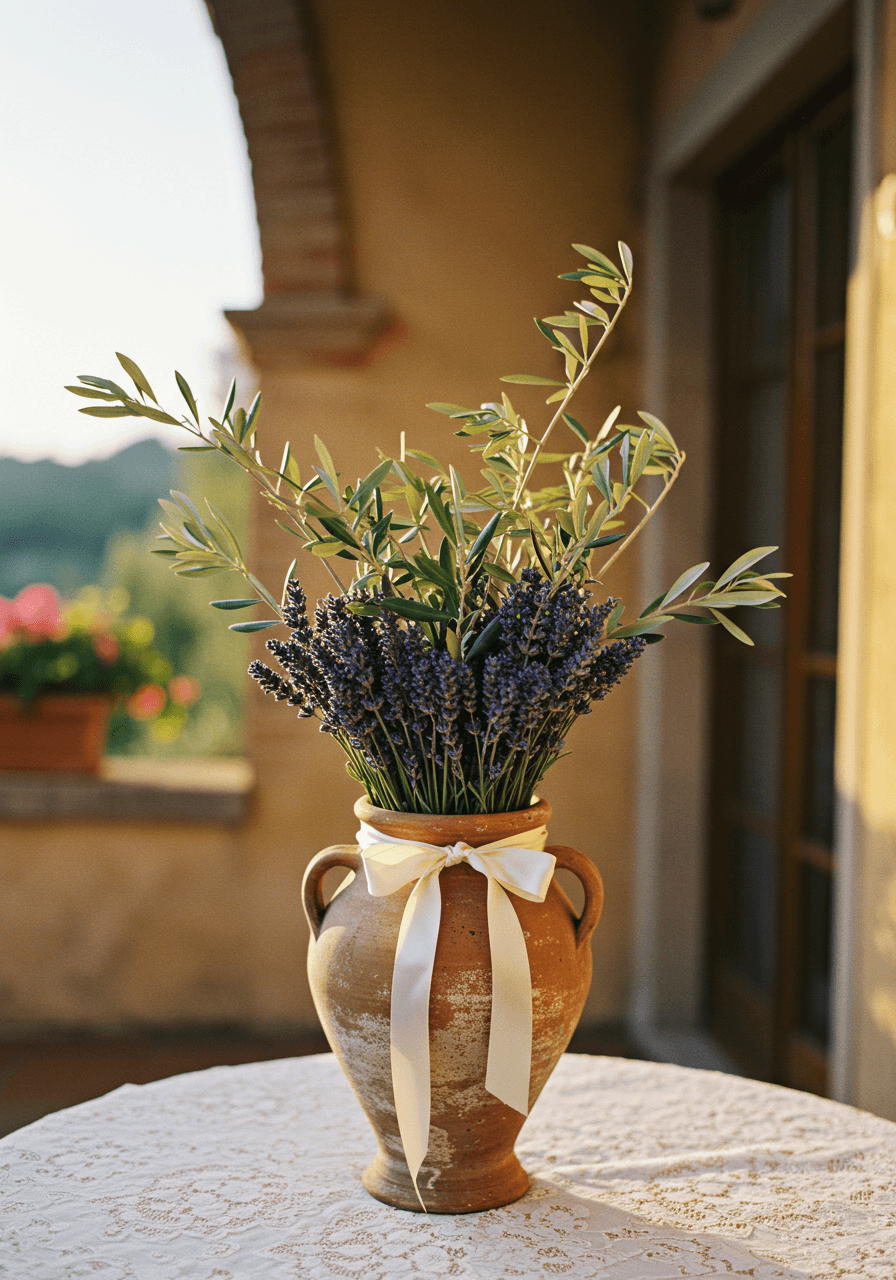 Lavender and olive centrepiece on lace table runner in sun-dappled Italian garden terrace
