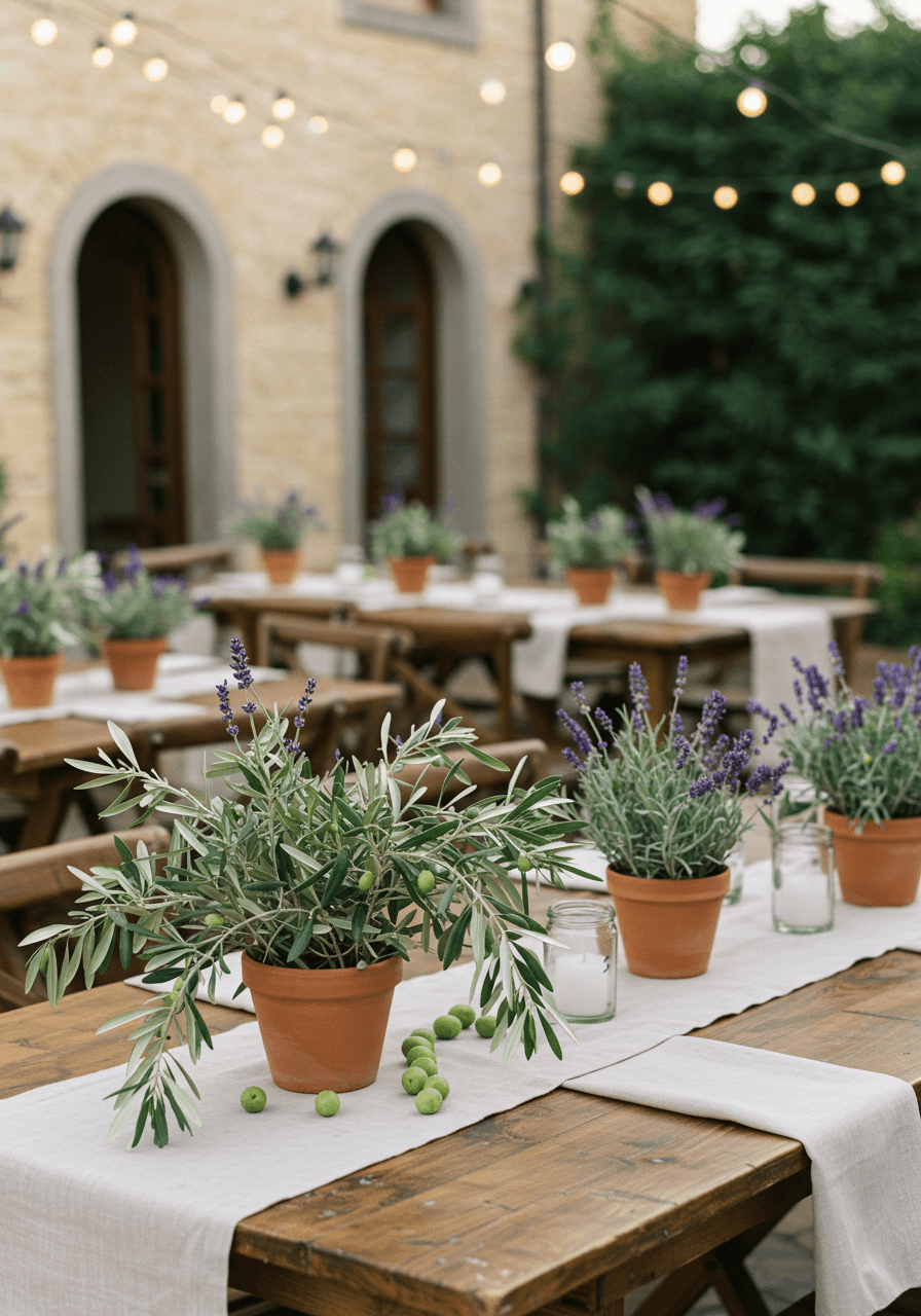 Rustic wedding centrepiece with fresh olive branches and purple lavender in terracotta pot on cream linen runner