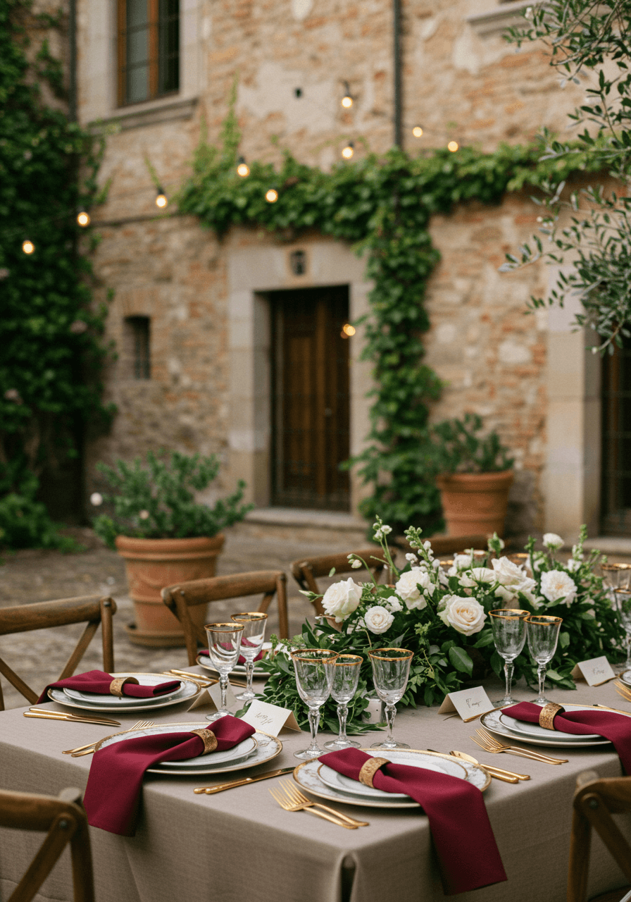 Vintage villa wedding place setting with gold-rimmed china, crystal stemware, and velvet cushioned rustic chairs