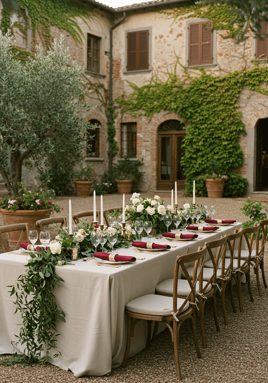 Reception table in Italian villa courtyard with weathered stone walls, antique gold china, burgundy napkins, and cascading white roses