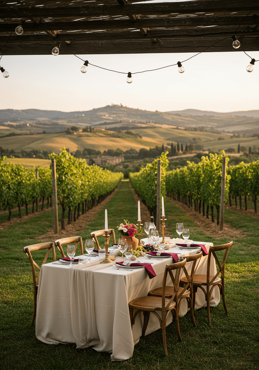 Vineyard wedding reception with wine bottle centrepieces and rolling Italian hills in soft focus