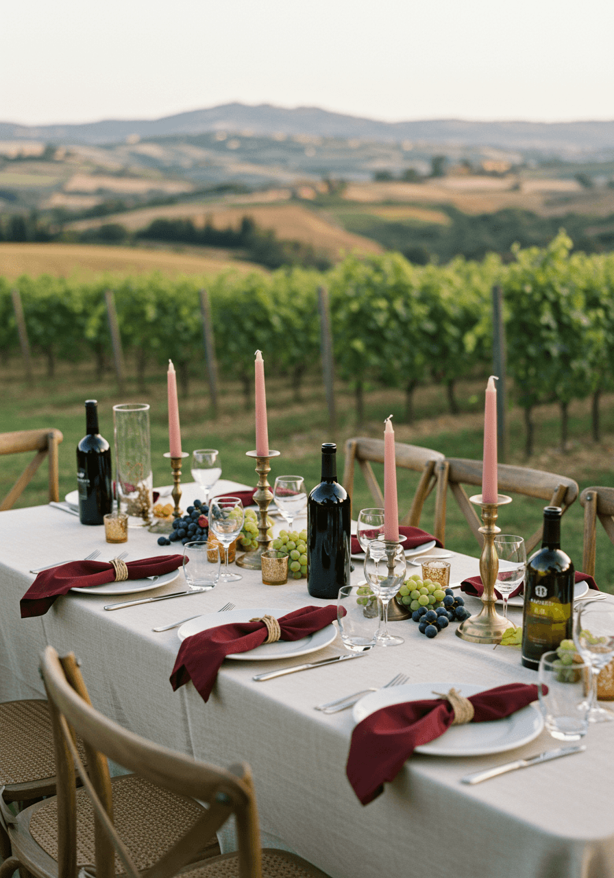 Outdoor wedding reception table set between vineyard rows with ivory linens, burgundy napkins, and brass candlesticks at sunset