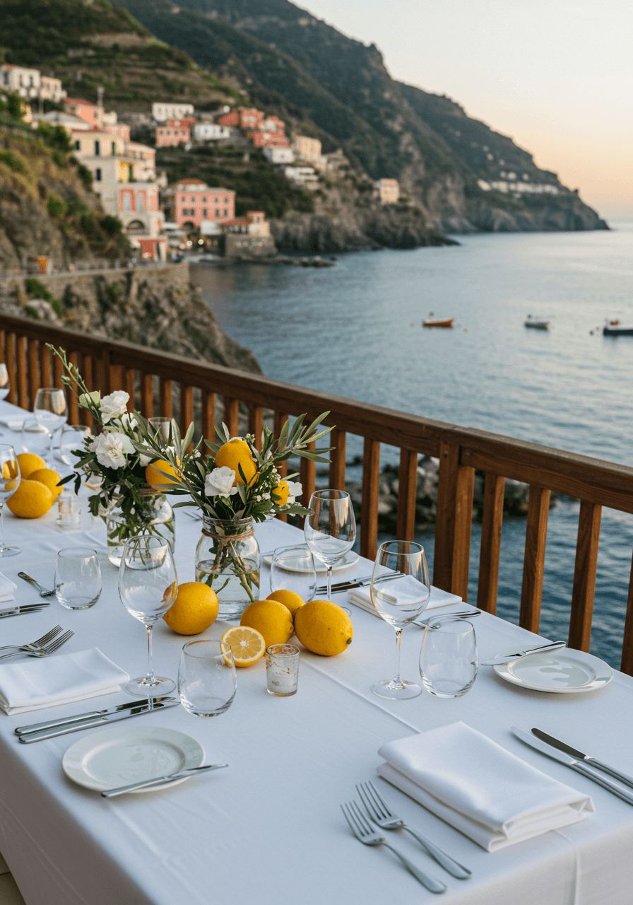 Wedding reception table overlooking sparkling Ligurian Sea from terraced restaurant carved into coastal cliffs with Cinque Terre villages at sunset