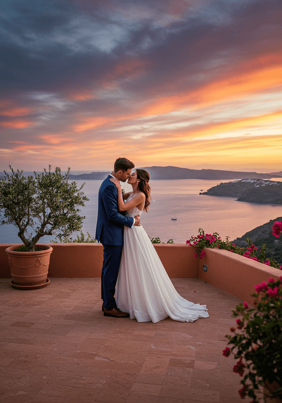 Bride and groom sharing romantic moment on terracotta Mediterranean terrace overlooking the sea during coral and orange sunset