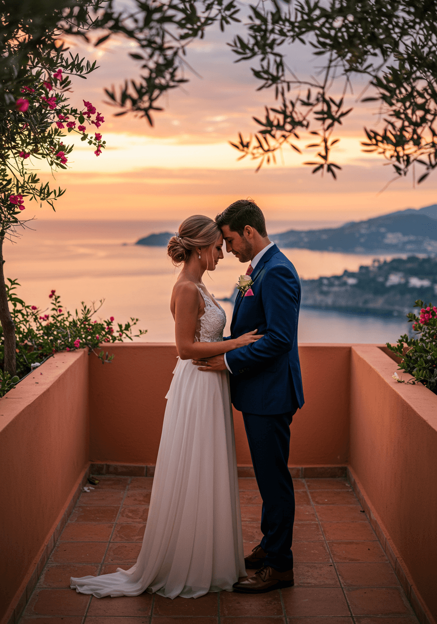 Couple embraced on sunset terrace with bougainvillea flowers and olive branches framing golden hour light