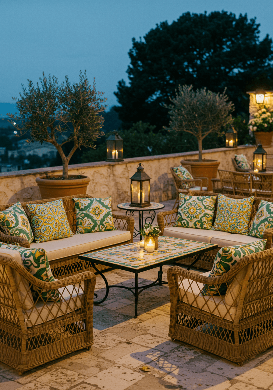 Mediterranean wedding lounge with wicker sofas, geometric Sicilian patterned pillows, mosaic coffee table, and wrought iron lanterns at twilight