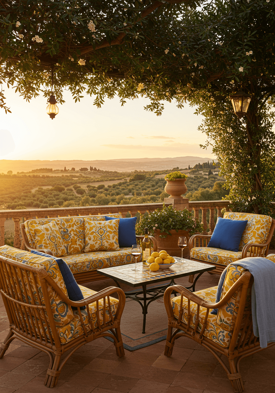 Outdoor wedding lounge with rattan furniture, bright yellow and blue Sicilian cushions, mosaic table with lemons and wine overlooking olive groves at sunset