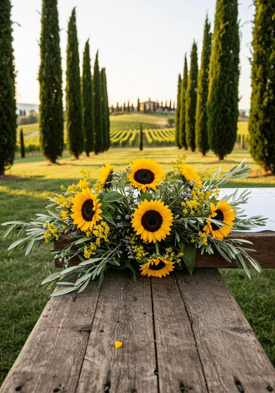 Ground-level view of sunflower wedding altar with terracotta urns, weathered oak wood, and vineyard landscape with distant stone farmhouse