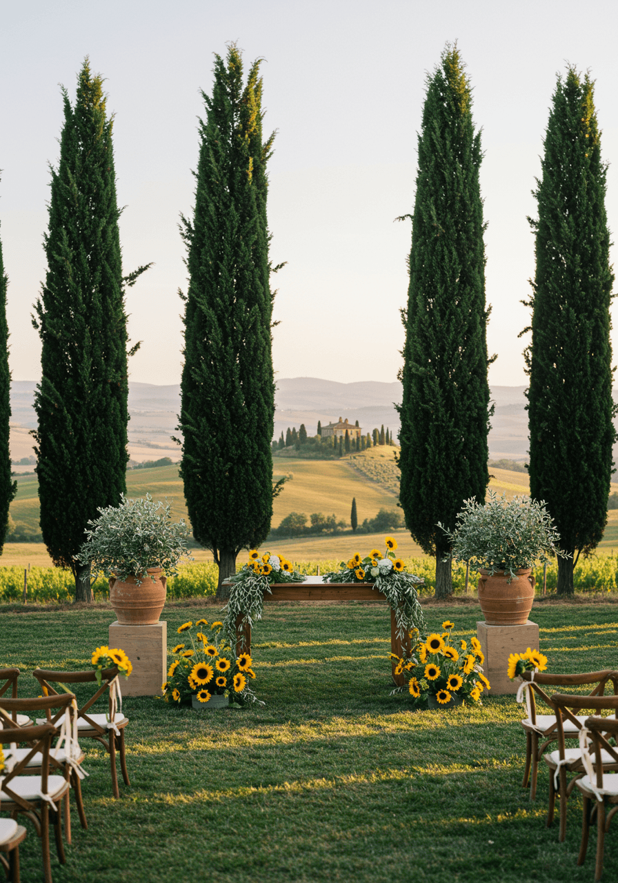 Rustic wooden altar decorated with bright yellow sunflowers and olive branches beneath towering cypress trees in Tuscan vineyard at sunset