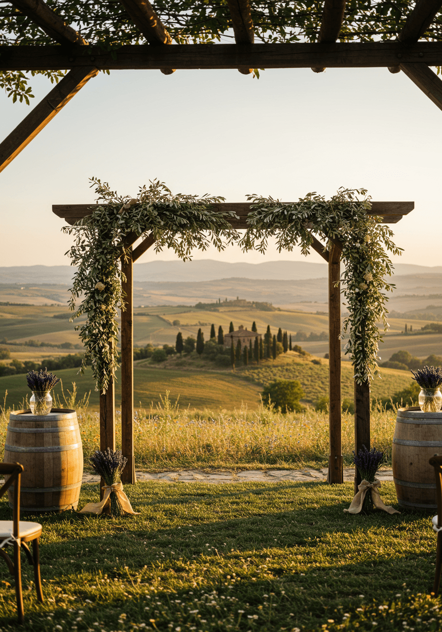 Rustic wooden wedding arch decorated with olive branches and lavender on hilltop overlooking rolling Tuscan vineyards at golden hour