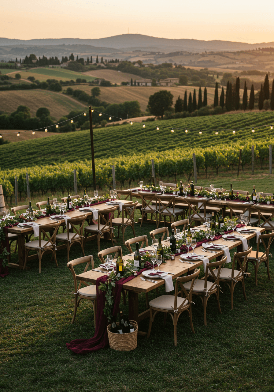 Rustic farm table wedding reception in Tuscan vineyard with wine bottle candelabras, burgundy runners, and string lights at sunset