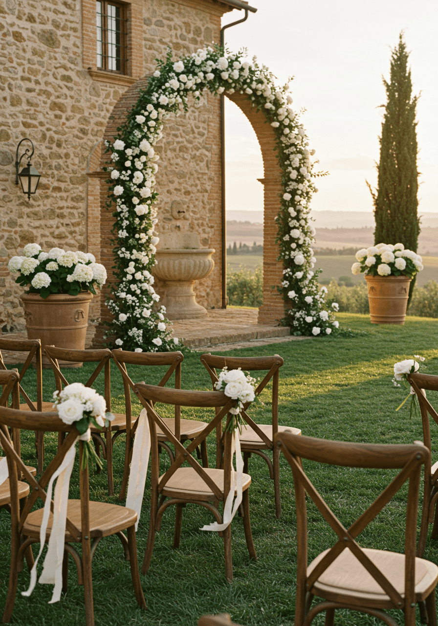 Ivory silk ribbons tied to wooden ceremony chairs with Tuscan countryside and cypress trees in soft focus