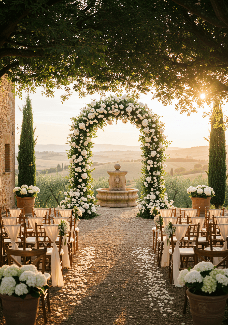 Rustic Tuscan villa wedding ceremony with weathered oak chairs facing limestone archway draped in white roses and jasmine during golden hour