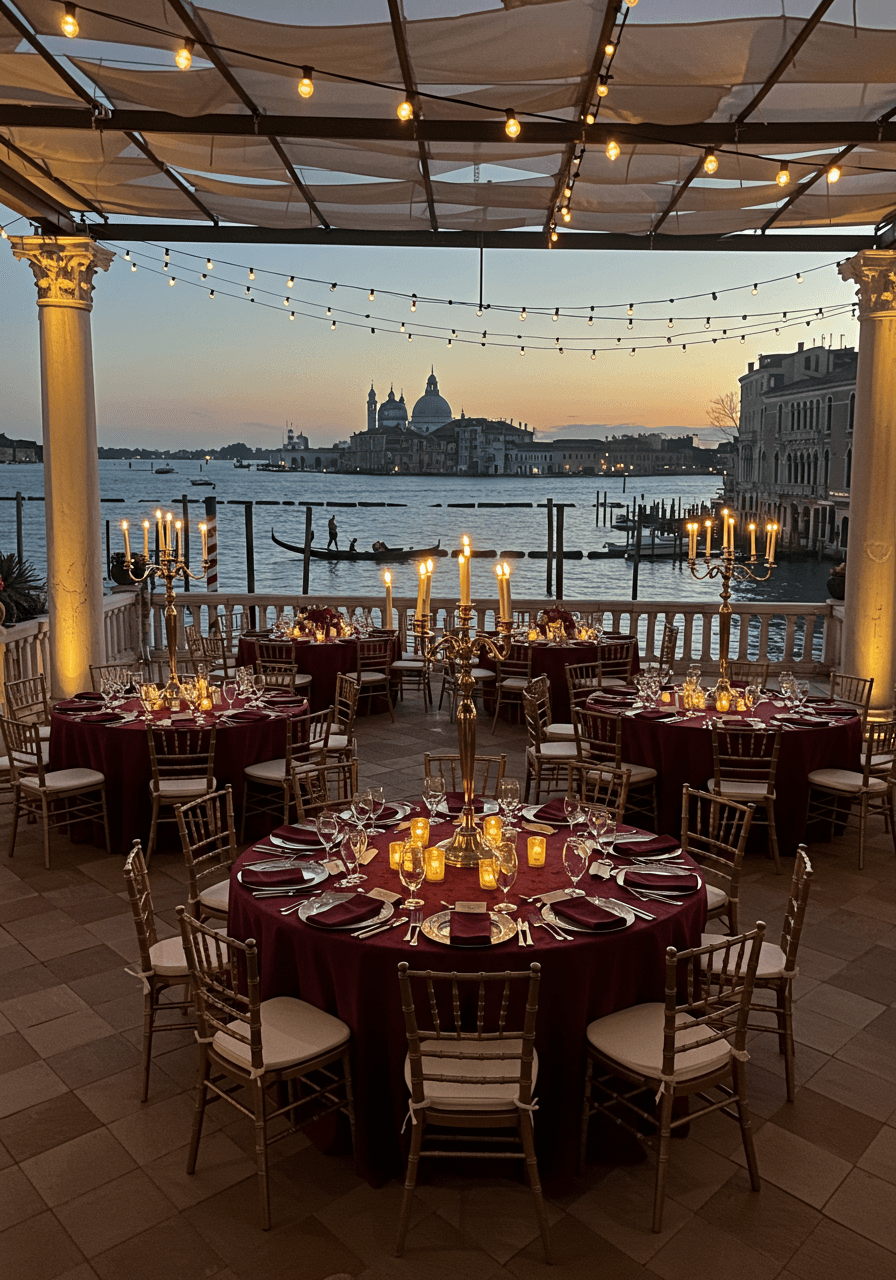 Venetian palace terrace wedding reception with burgundy linens, tall candelabras, and Grand Canal views at twilight