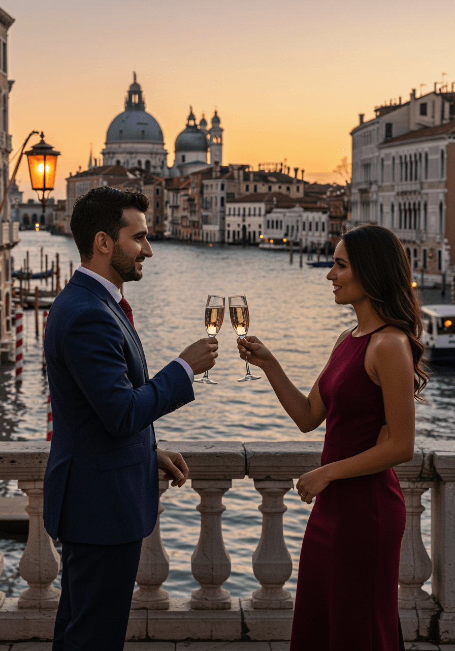Couple toasting with champagne on ornate Venetian terrace overlooking Grand Canal at sunset with palazzo architecture glowing