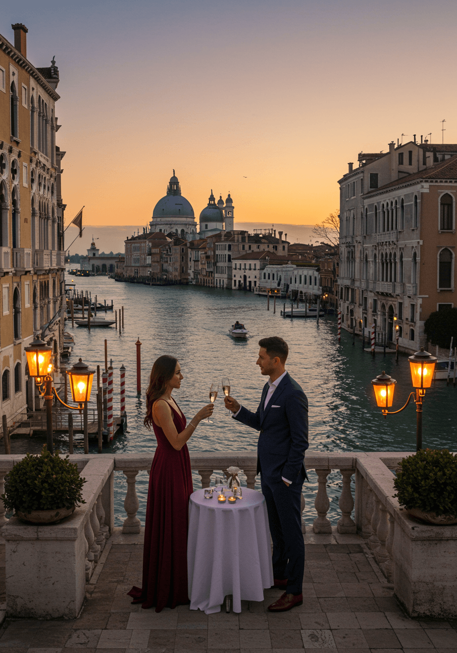 Aerial view of bride and groom champagne toast on Venice canal terrace with gondolas passing and warm terracotta buildings in golden light