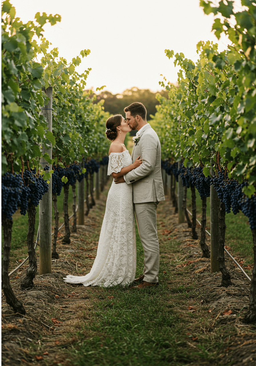 Bride and groom embracing amongst lush Tuscan vineyard rows with ripe purple grapes during golden hour summer light