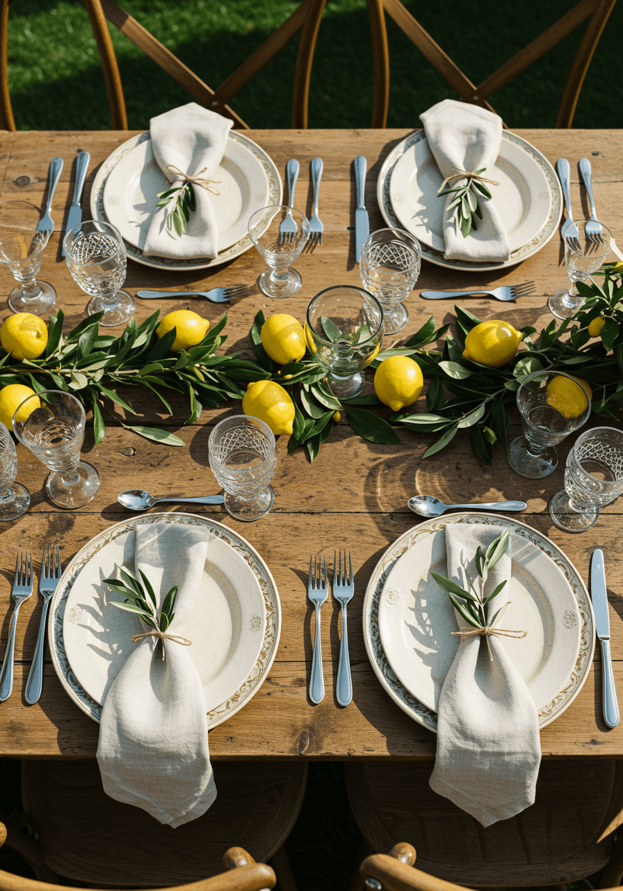 Overhead view of Italian villa wedding place settings with hand-painted ceramics, brass chargers, and olive branch napkin ties on wooden table