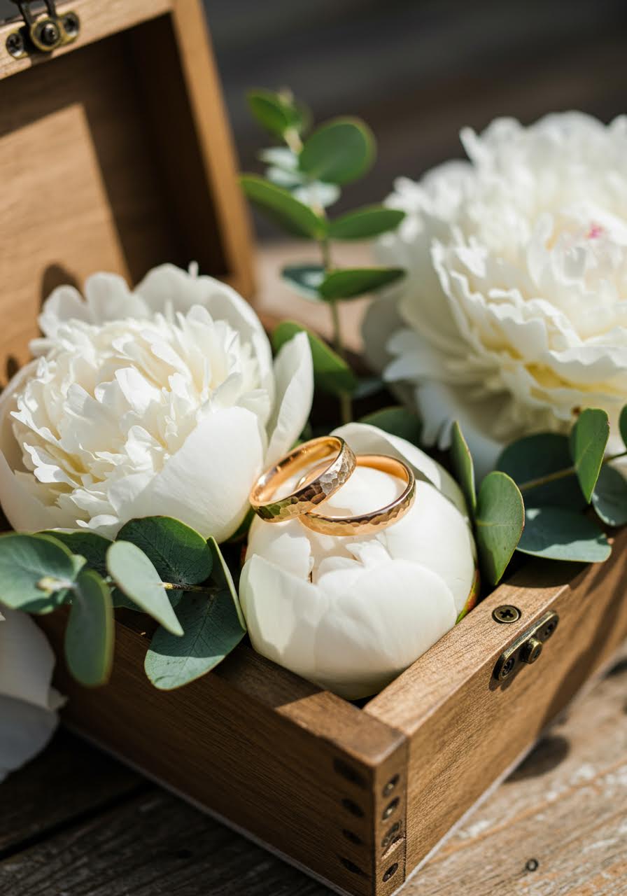 Wide shot of rustic hammered wedding bands arranged with peony bouquet and eucalyptus branches