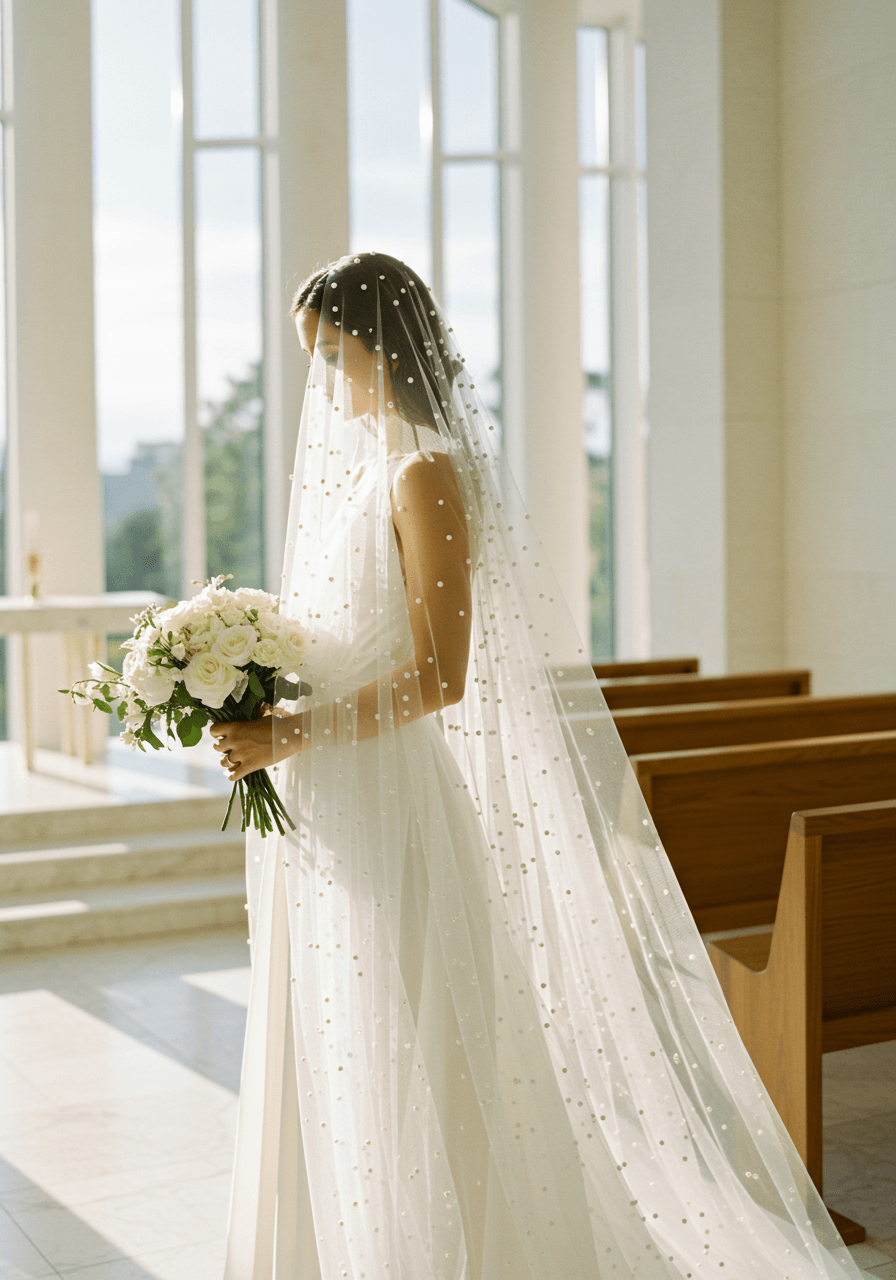 Bride in flowing minimalist gown with cathedral veil featuring strategically placed pearl embellishments in elegant chapel at golden hour
