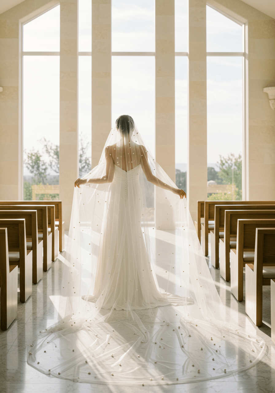 High angle view of bride's pearl-embellished cathedral veil creating delicate patterns across tulle in chapel setting