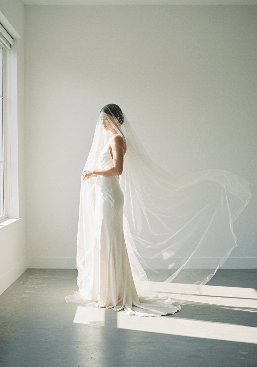 Bride in minimalist silk crepe dress with single tier raw edge tulle veil flowing naturally in sunlit modern studio