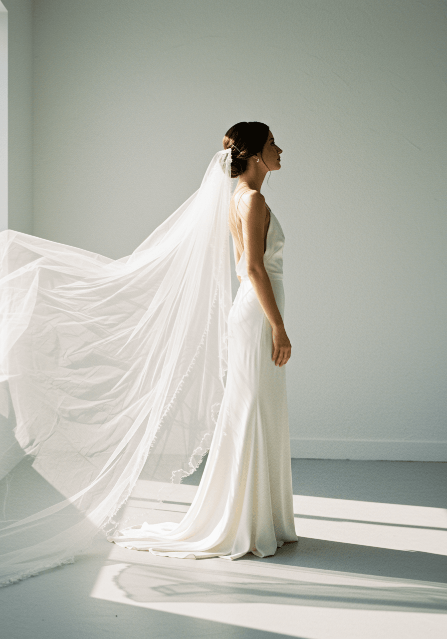 Low angle shot of bride with raw edge silk tulle veil cascading in golden hour studio light