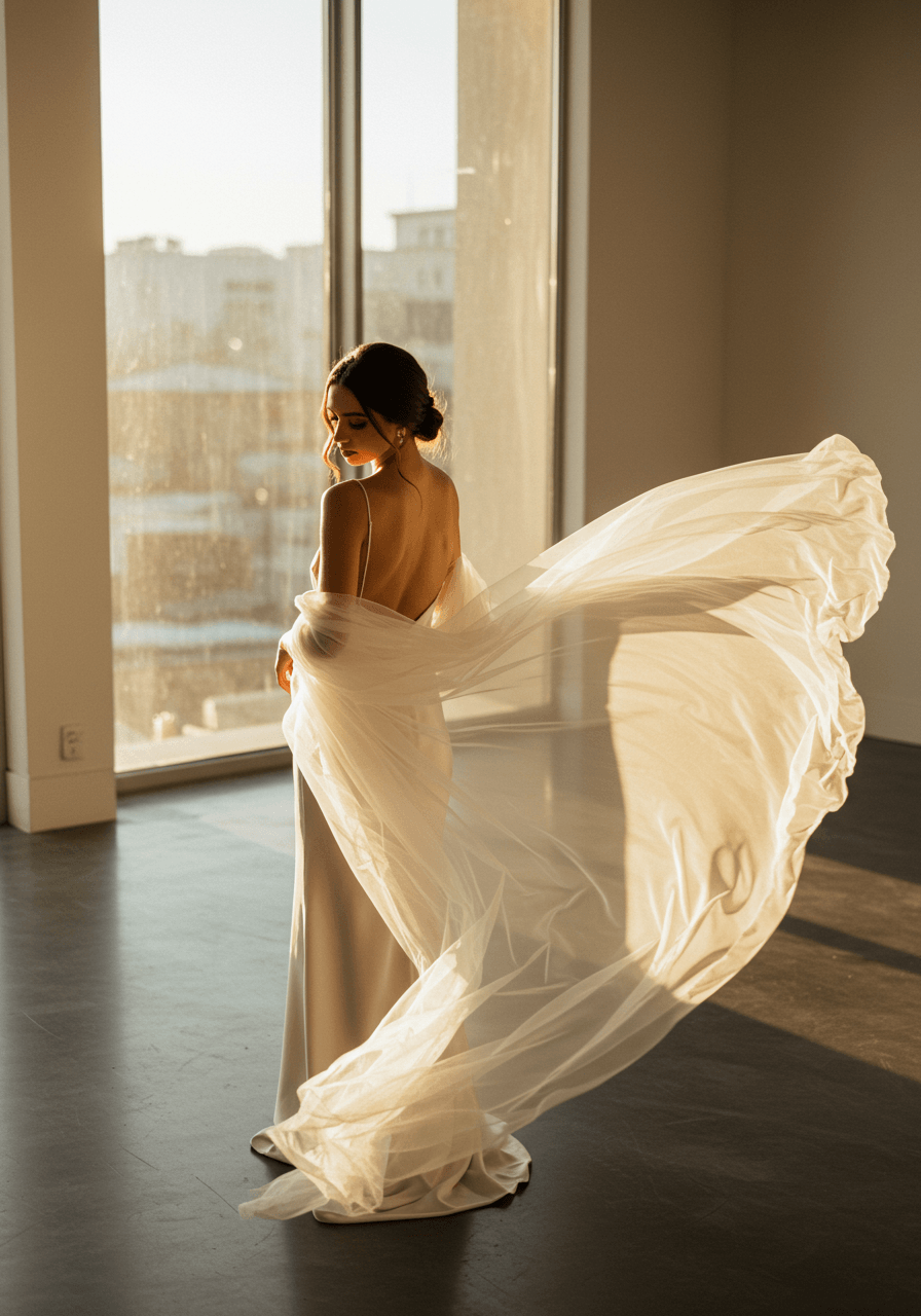 Bride glancing over shoulder showing delicate tulle cowl attachment with silk slip dress in gallery setting