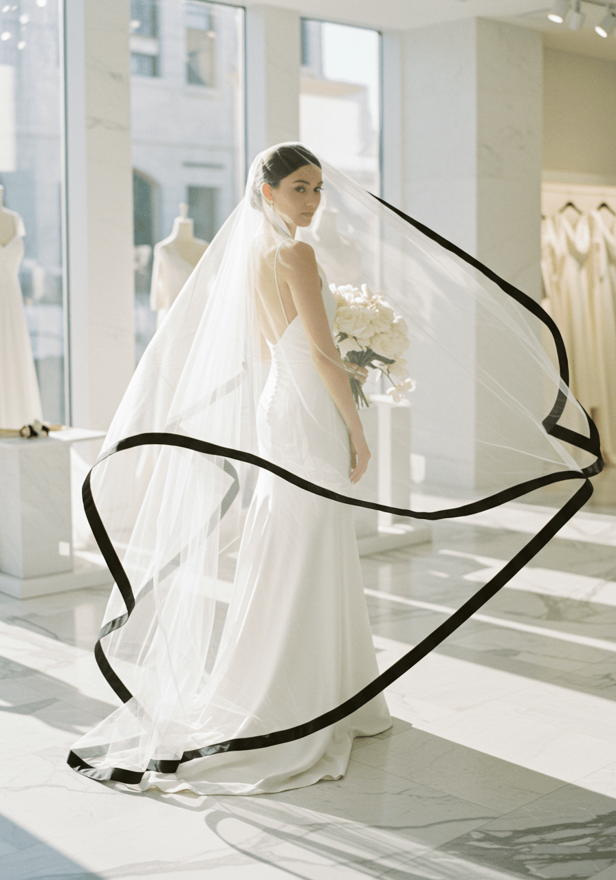 Close detail of minimalist wedding gown with dramatic black-trimmed veil in natural window light