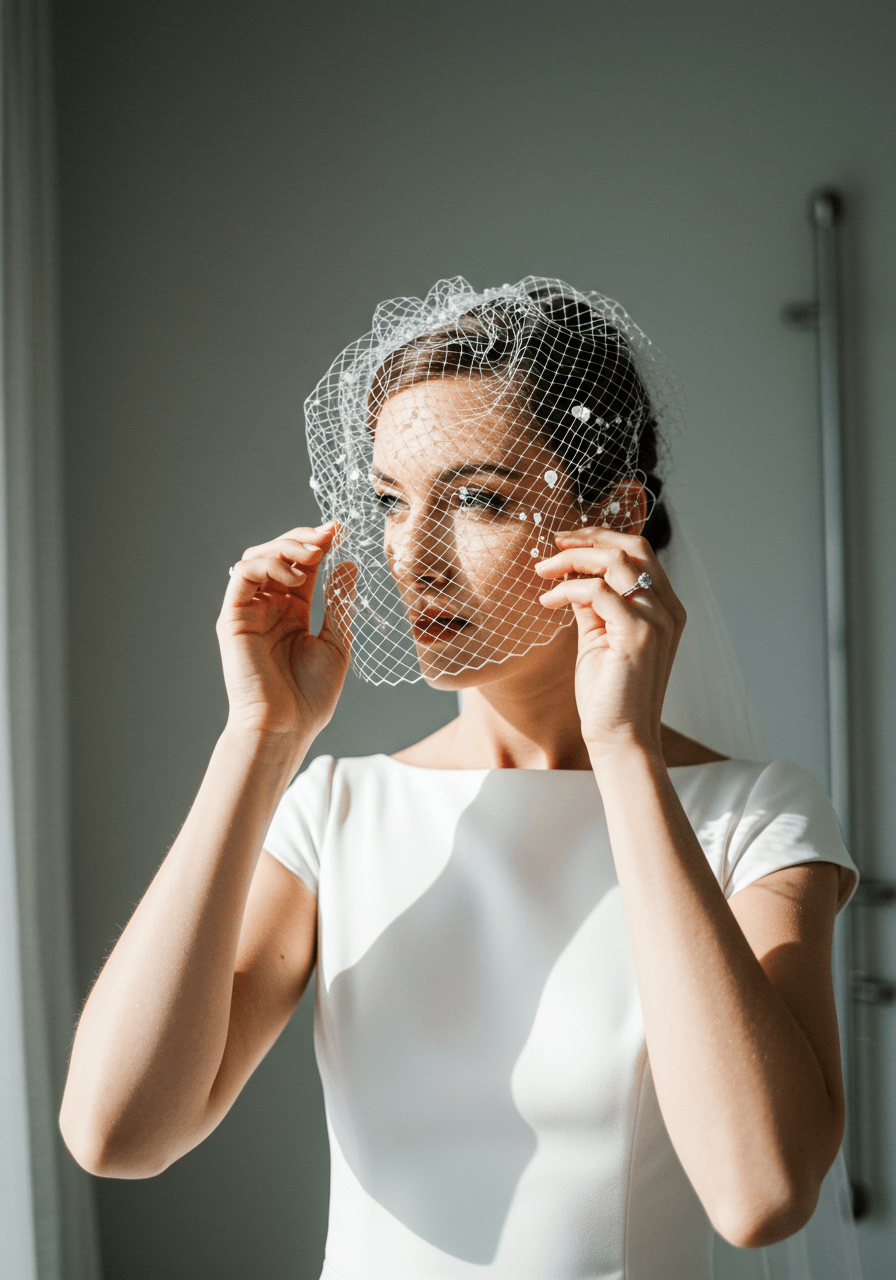 Close-up of bride positioning ultra-short contemporary birdcage veil over eyes in bright modern bridal suite