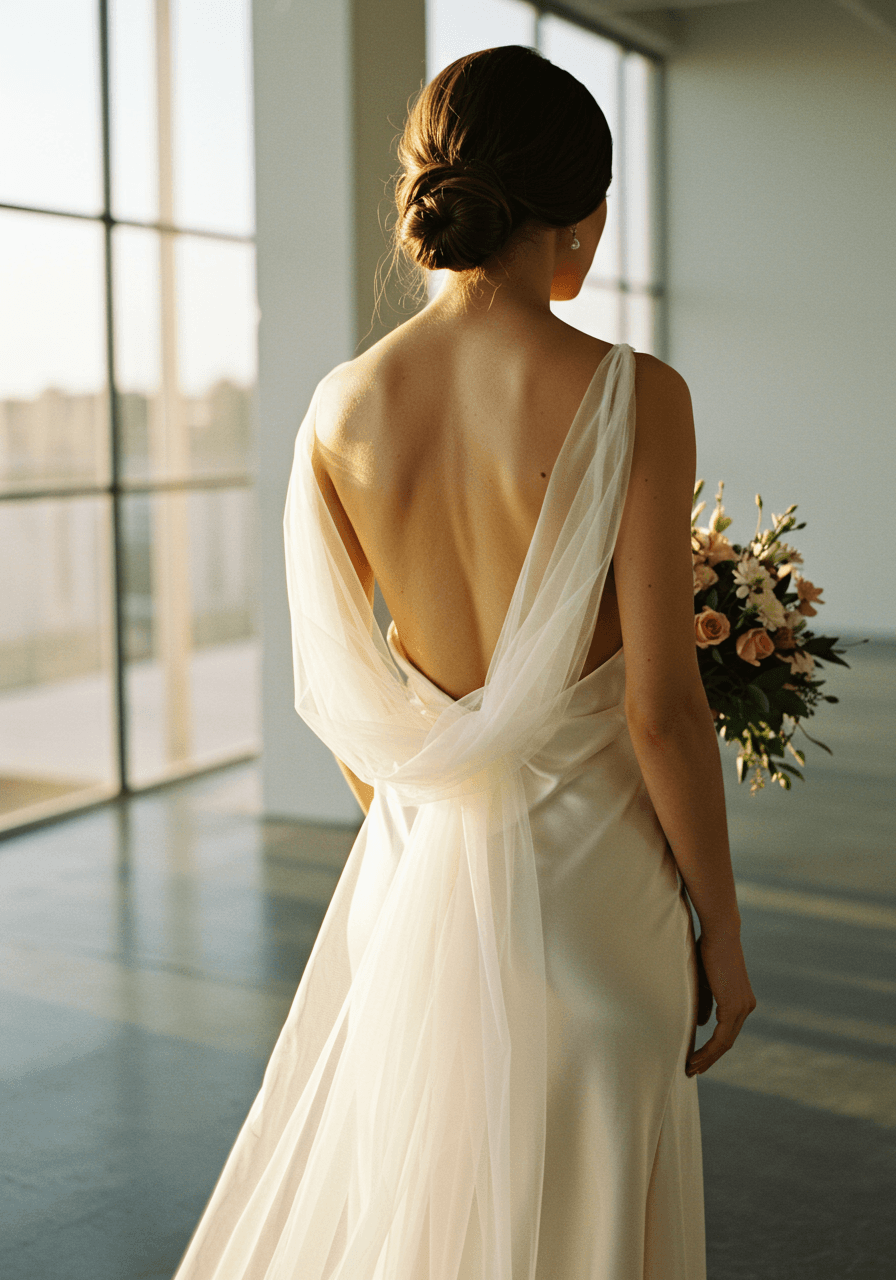 Close-up detail of ethereal tulle cowl draped across bride's bare back in modern gallery space at golden hour