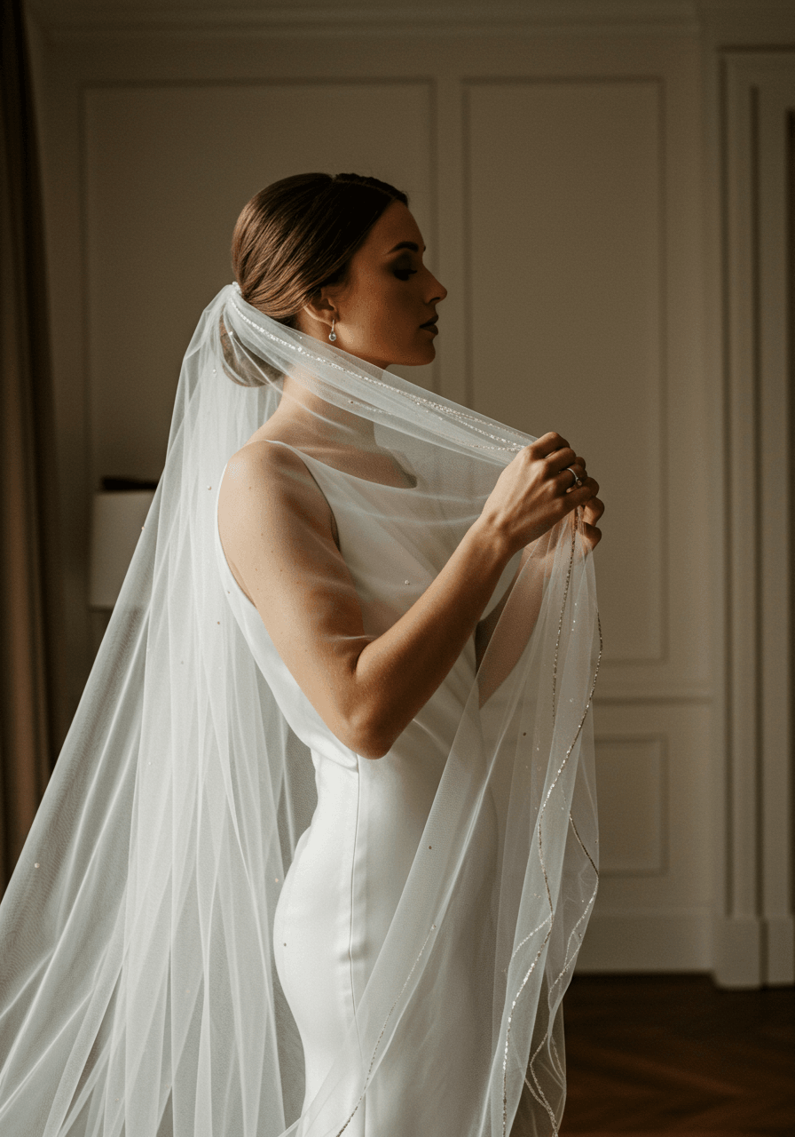 Detail close-up of bride adjusting cathedral veil with metallic pleated shimmer edges in modern bridal suite at golden hour