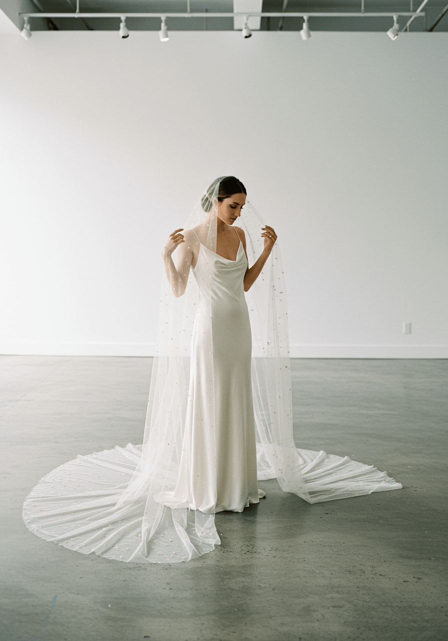 Elevated view of bride's pleated shimmer veil with metallic threading in modern gallery space