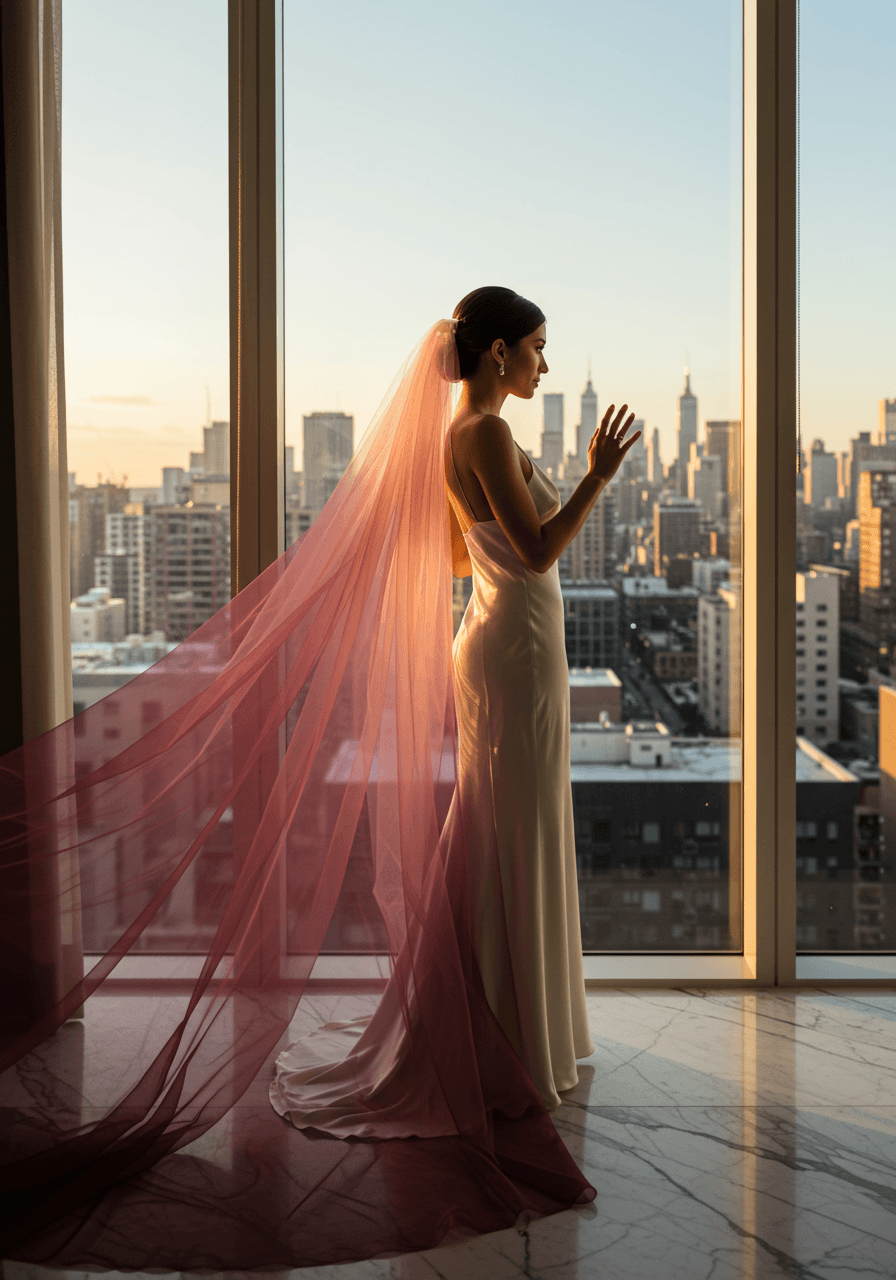 Back view of bride in silk slip dress with dramatic burgundy to blush ombré veil against floor-to-ceiling windows overlooking city skyline at golden hour