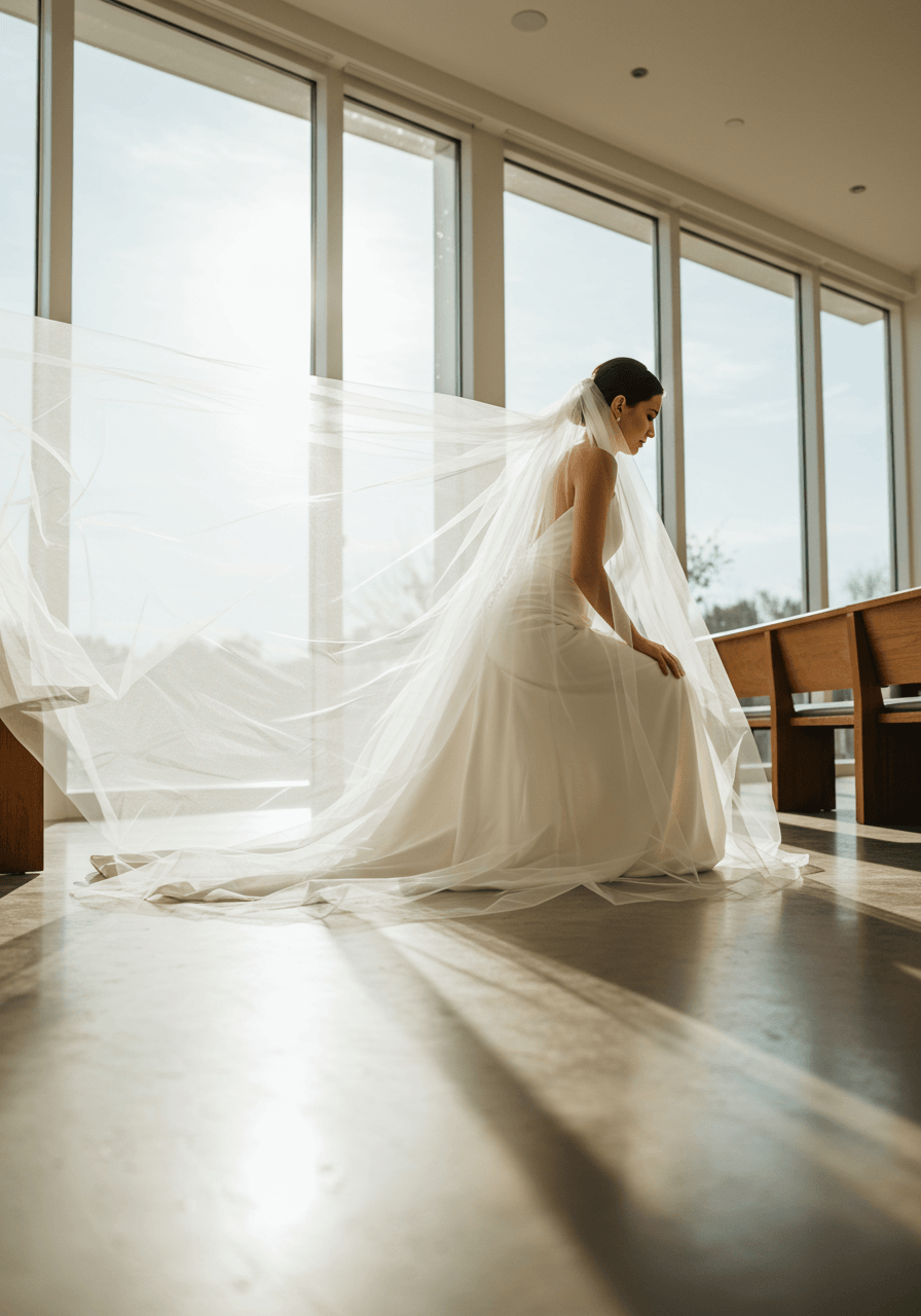 Bride in minimalist gown with dramatic extra-wide winged cathedral veil spreading extensively in contemporary chapel with floor-to-ceiling windows