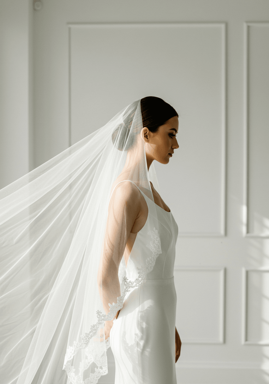 Close-up profile of bride with dramatic extra-wide winged cathedral veil extending horizontally like sculptural wings in bright contemporary salon
