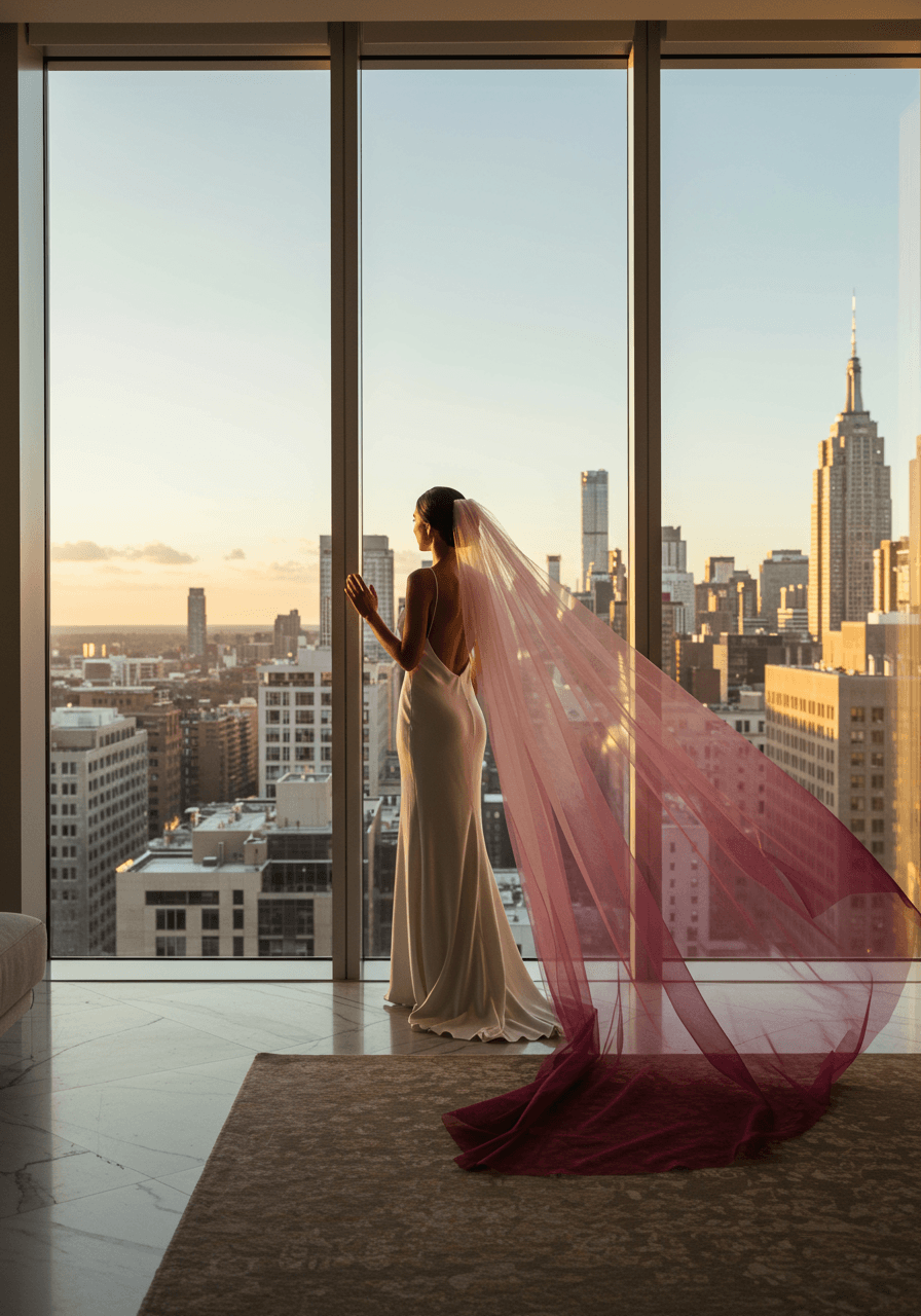 Bride in modern penthouse with flowing ombré gradient veil against urban cityscape backdrop at sunset