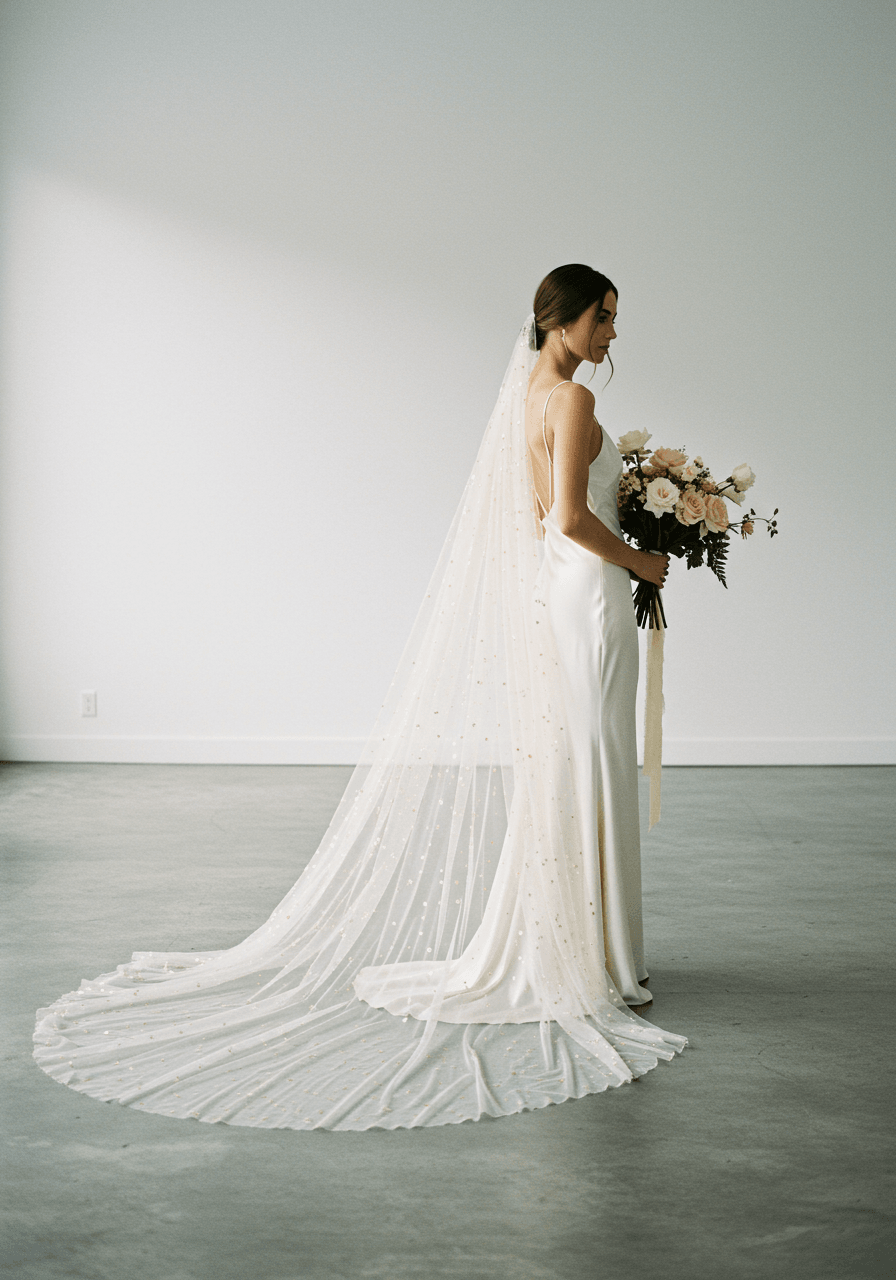 Bride in silk slip dress with cathedral veil featuring shimmer and pleated tulle edges in modern art gallery with soft afternoon light