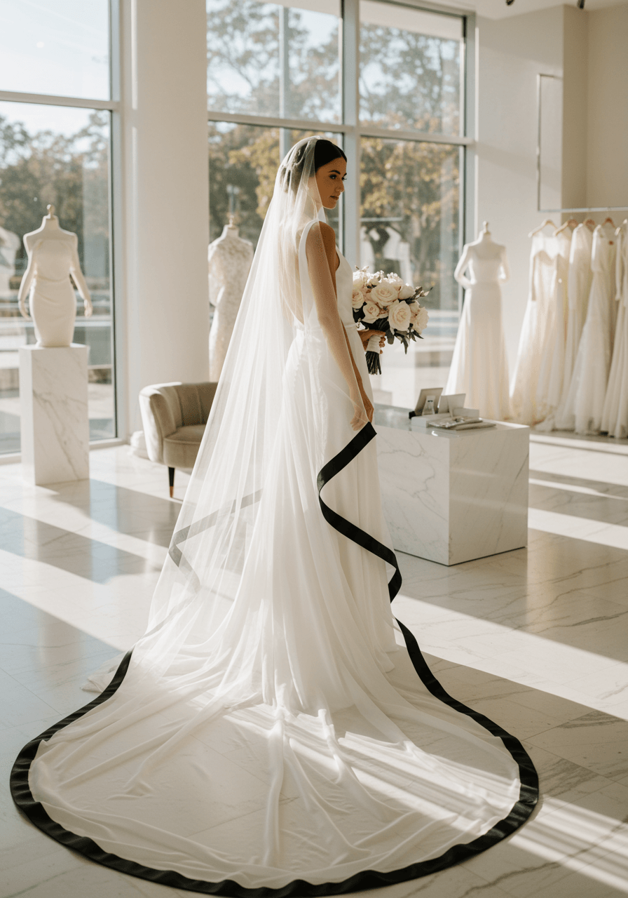 Bride in white crepe gown with cathedral veil featuring bold black ribbon trim in modern boutique at golden hour