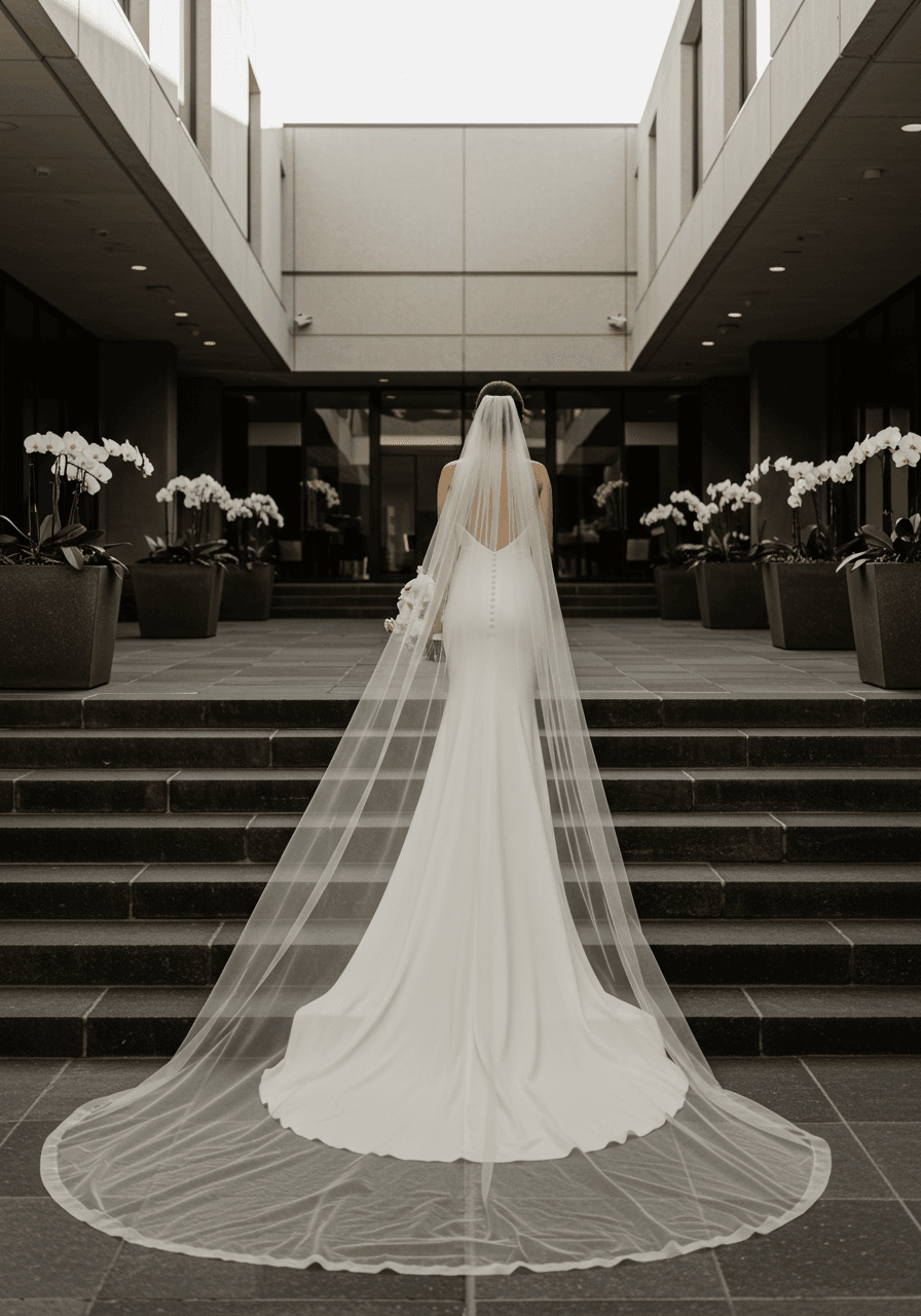 Minimalist bride from behind with clean edge cathedral veil flowing down charcoal stone steps at golden hour