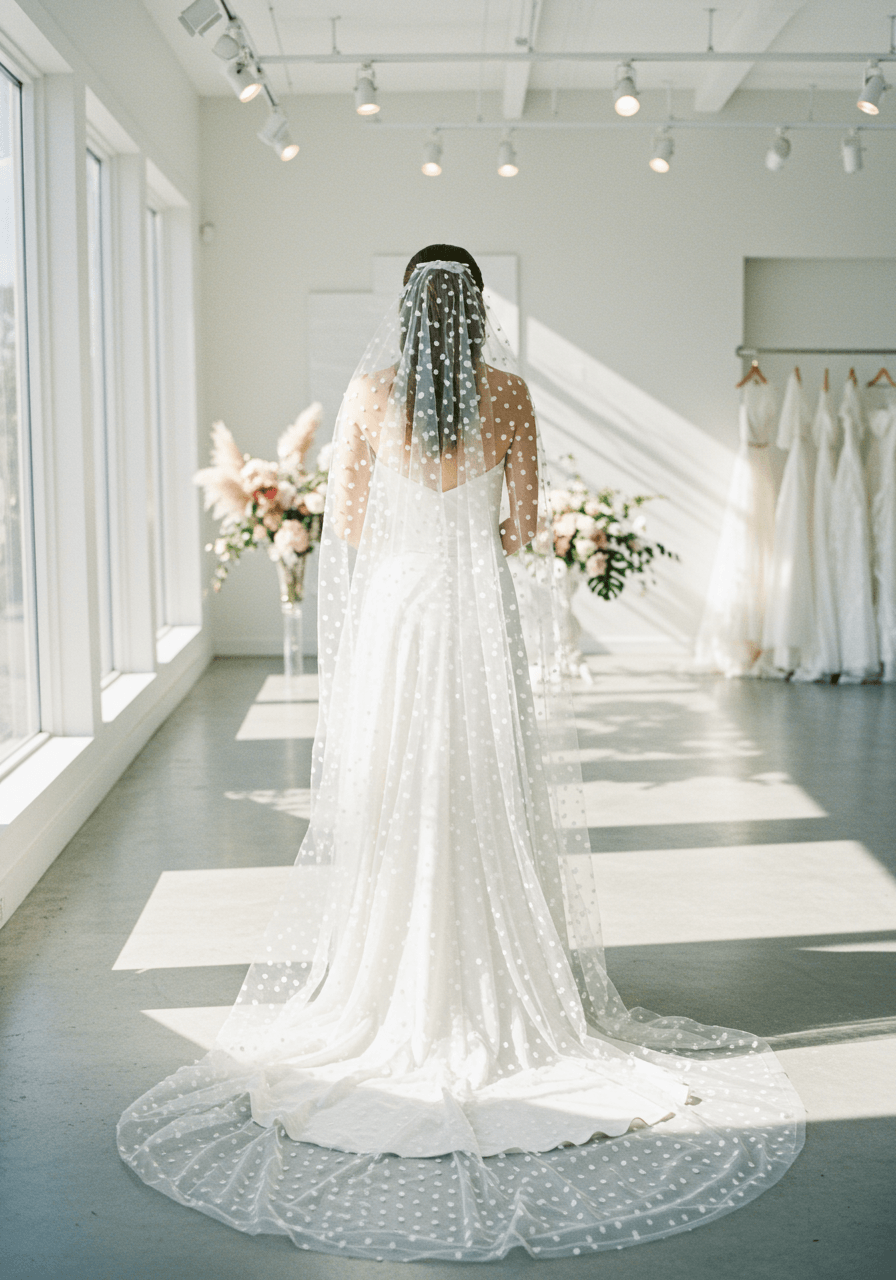 Bride in minimalist A-line gown with delicate polka dot Swiss dot veil in bright modern bridal boutique