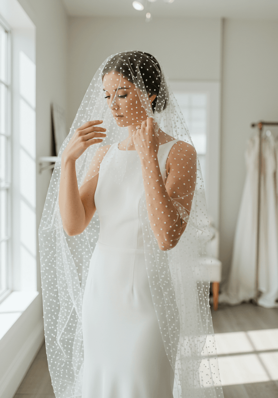Three-quarter portrait of bride adjusting Swiss dot patterned cathedral veil by window in modern bridal suite