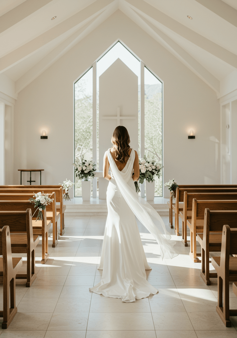 Back view of bride walking in chapel with ethereal tulle cowl draping across bare shoulders