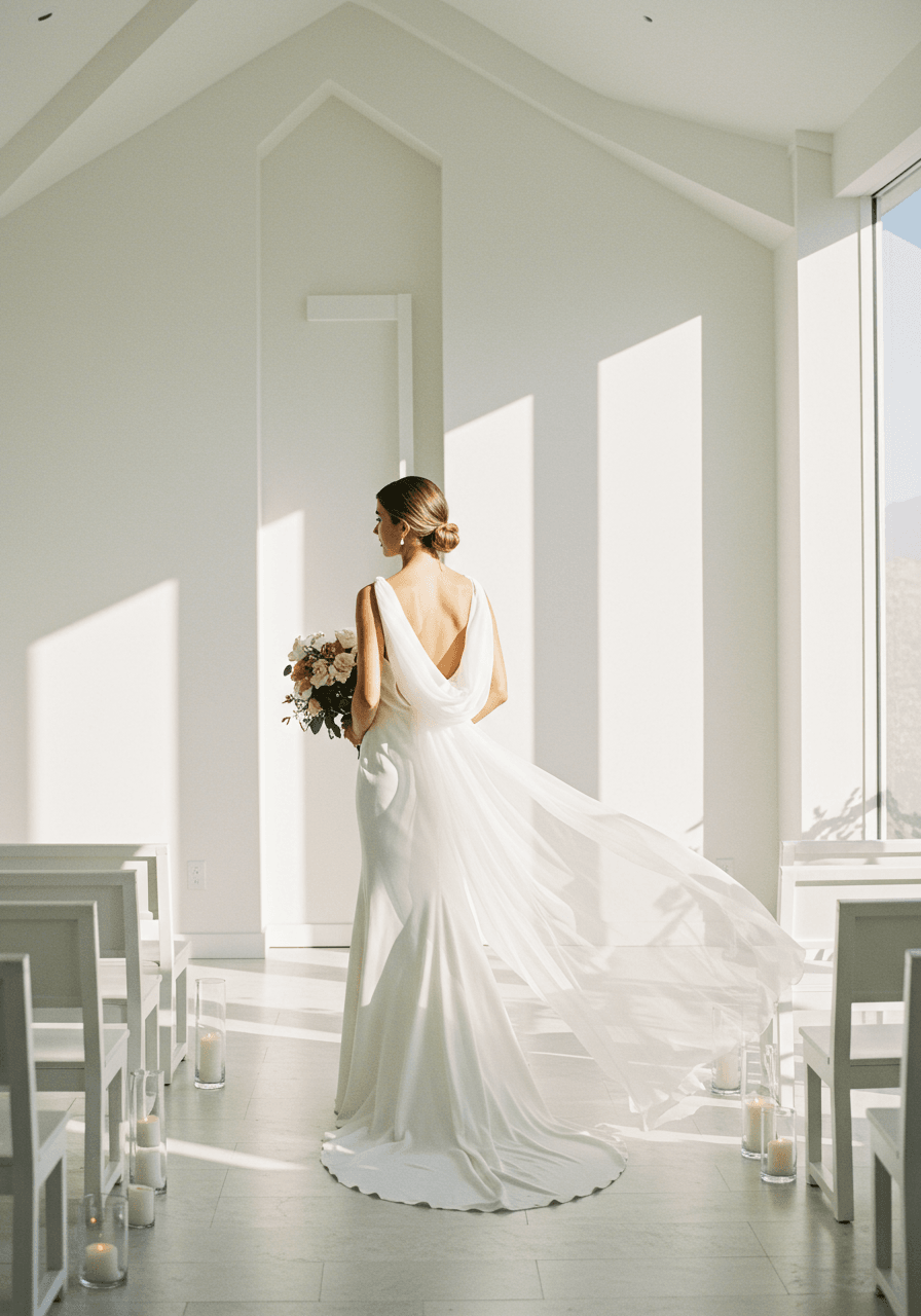 Bride in minimalist crepe gown showing softly draped tulle cowl back detail in modern white chapel