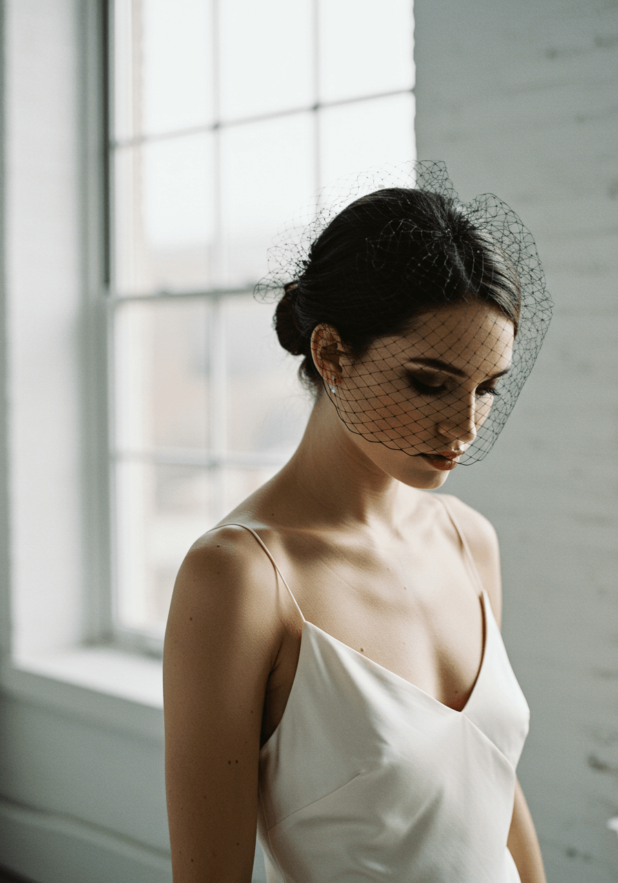 Bride in silk slip dress with ultra-short geometric birdcage veil covering upper face in modern studio with bright morning light