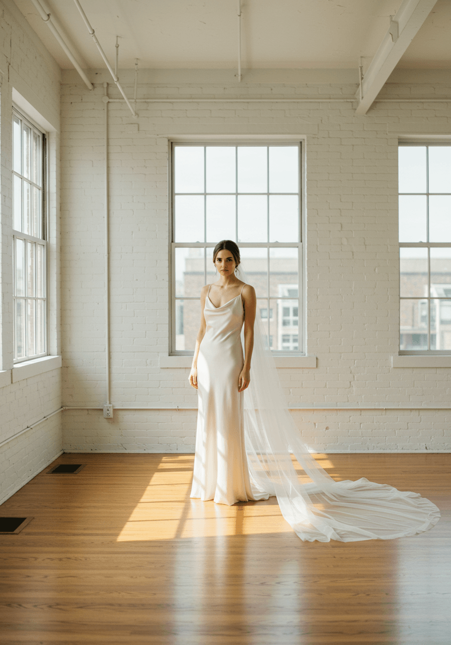 Bride in ivory silk slip dress with floor-length clean edge drop veil in contemporary loft with white brick walls