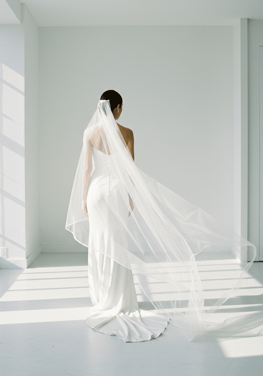 Bride in sleek minimalist gown with asymmetrically draped veil cascading over one shoulder in contemporary white studio space