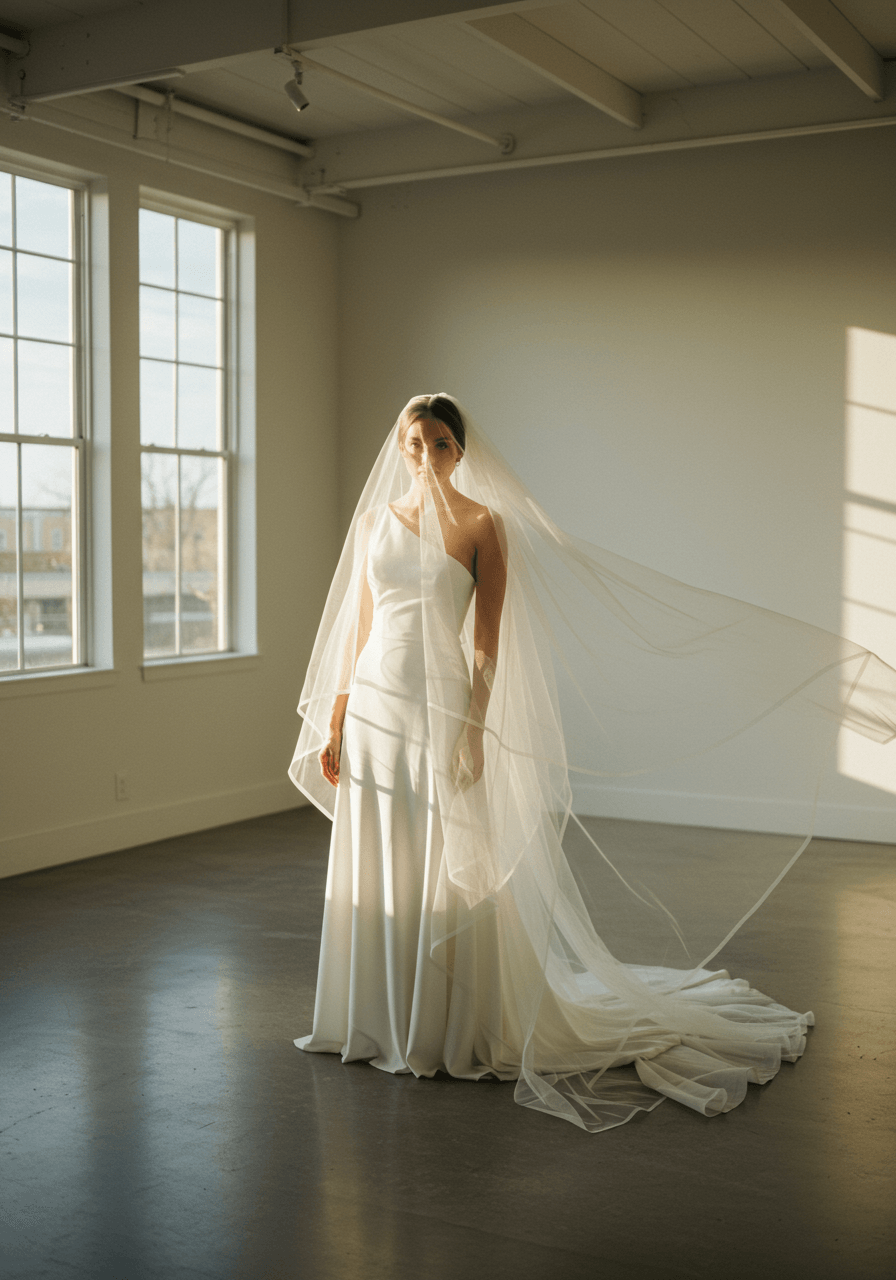 Three-quarter portrait of bride in minimalist gown with modern asymmetrical veil elegantly draped over one shoulder at golden hour